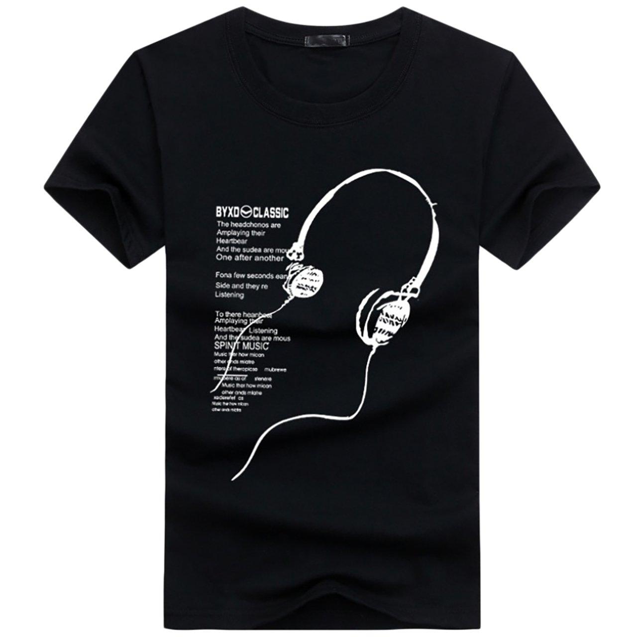 

BUZZxSELECTION Men s Short Sleeve Logo Print T-Shirt with English Letters and Headphones (BSTS004, 02 Black, 4XL)