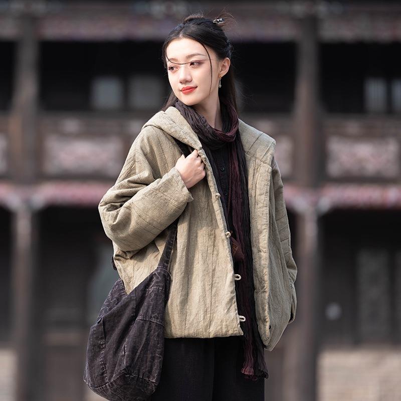 25 Winter Ramie Handmade Tie-dye Fried Color Old Zen Wandering Wind Cotton and Linen Women's Short Cotton-padded Hooded Cotton-padded Clothes