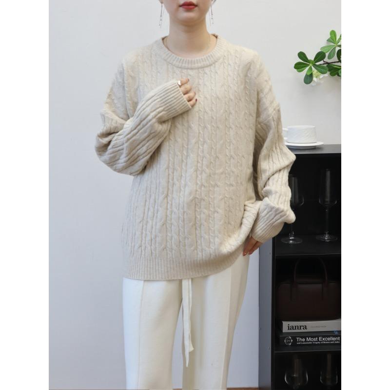 Retro twist crew neck soft waxy knitted sweater top autumn and winter new loose sweater pullover inside women