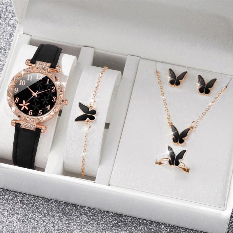6 Peças/Conjunto Relógio Feminino Moda Flores Pulseira de Couro Relógios Analógicos de Quartzo Conjunto de Joias Borboleta(Sem caixa)