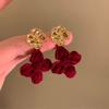 Red Velvet Flower Earrings Women Retro Light Luxury Niche High-end Temperament Ear Jewelry Gift