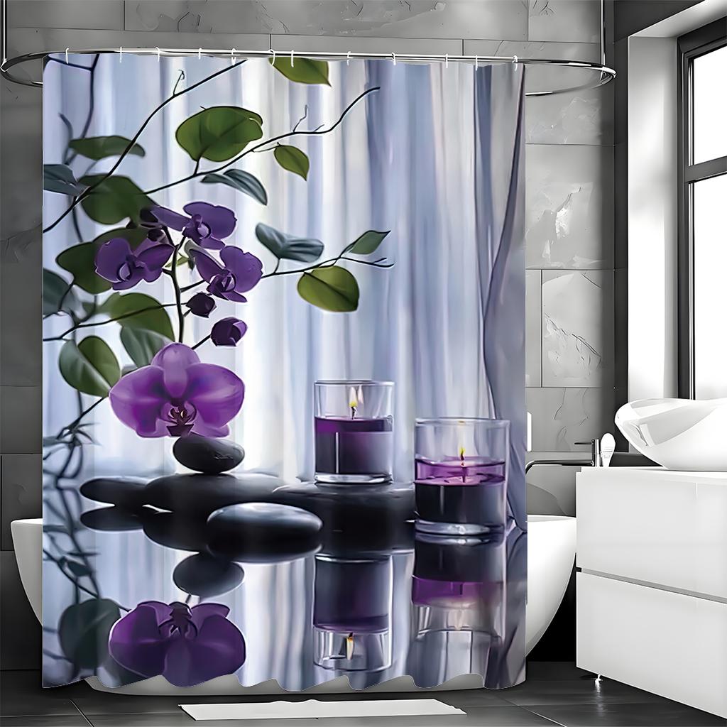 Zen Spa Léčivý Černý Kámen a Wisteria Sprchový Závěs, Koupelnový Dekorativní Sprchový Závěs, Vodotěsný Sprchový Závěs s Háčky