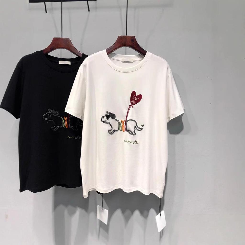 Plus Size Embroidered Puppy Cotton Short Sleeve T-Shirt for Women - Summer 2025 Loose Fit
