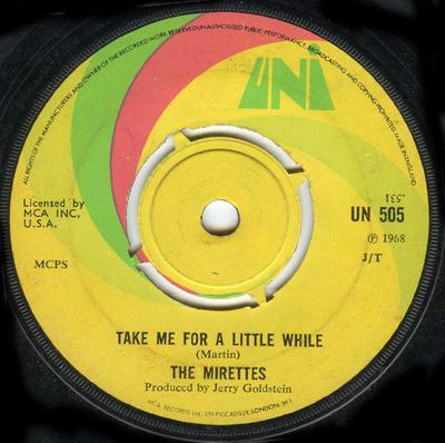 Disque 7 pouces MIRETTES - Take Me For A Little While UN505 UNI Records 1968 UK Soul/Funk Occasion
