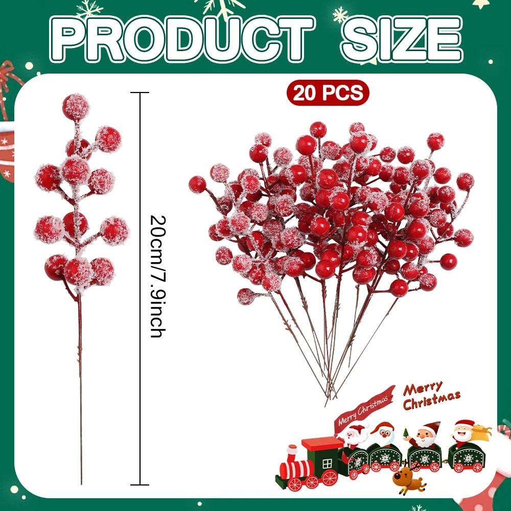 20pcs Artificial Snow Frosted Red Berries Stems Home Decor DIY Crafts Christmas Tree Party Decoration New Year Festive Ornaments