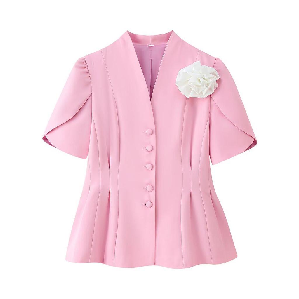 Moda Donna Europea e Americana Estate 2025 Top Suit Corto a Maniche Corte Floreale Fatto a Mano in Vita Stretta