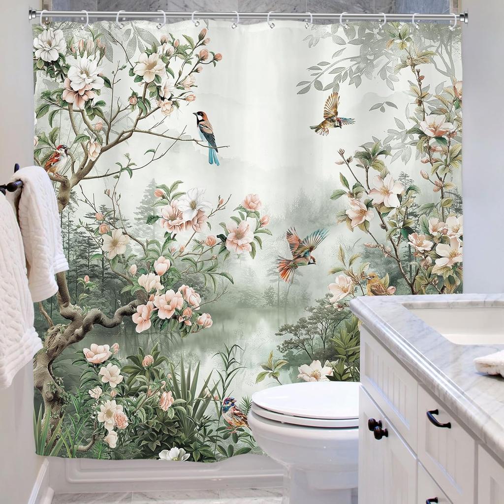 Cortina de Ducha Floral con Pájaros Vintage, Estampado de Peonías Estilo Asiático, Poliéster Impermeable Decoración de Baño
