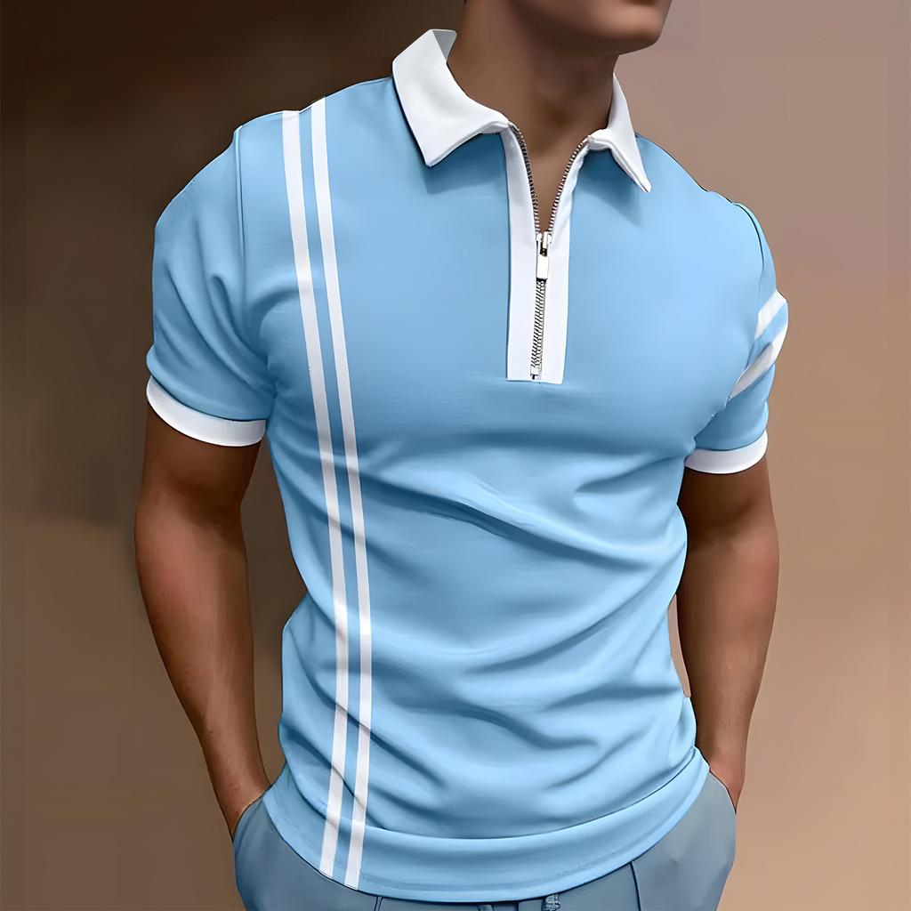 Men's Casual Striped Zipper-Collar Short-Sleeve Shirt