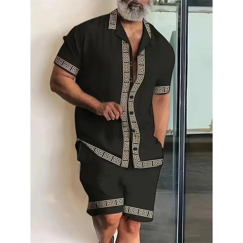 Men's New Hawaiian Short-Sleeved Shirt Shorts Set Summer Daily Travel Shirt Beach Casual Drawstring Shorts Jungle Print Set