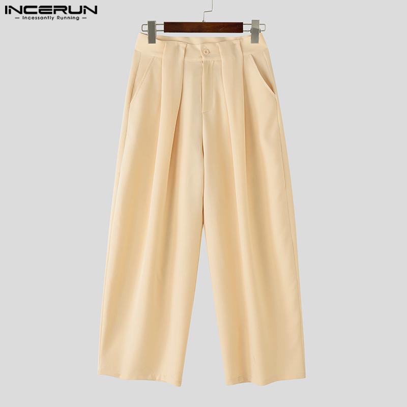 INCERUN Men's High Waist Zipper Ruffled Long Wide Legs Pants Trousers