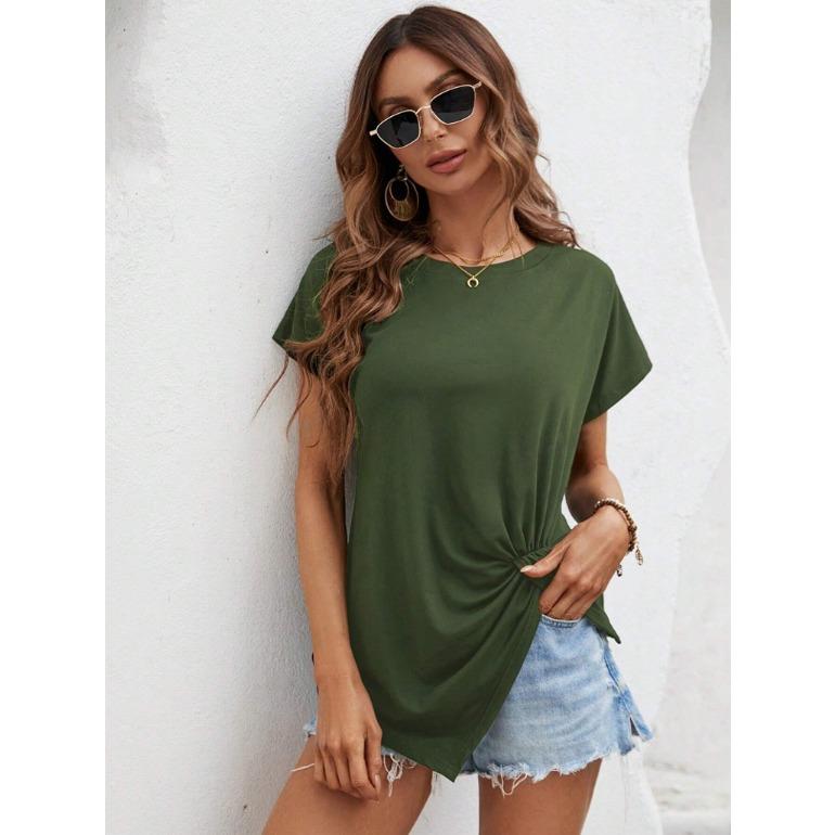 QICED Summer Spring Women's Irregular Hem Short Sleeve Solid Color O-Neck Bat Sleeve T-shirt Women