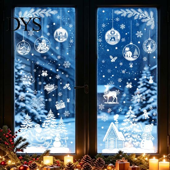 Christmas Reindeer Decals 9 Sheets Static Window Stickers, Reusable Snowflake Santa Claus Glass Film for Holiday Decoration, Snow Scene PVC