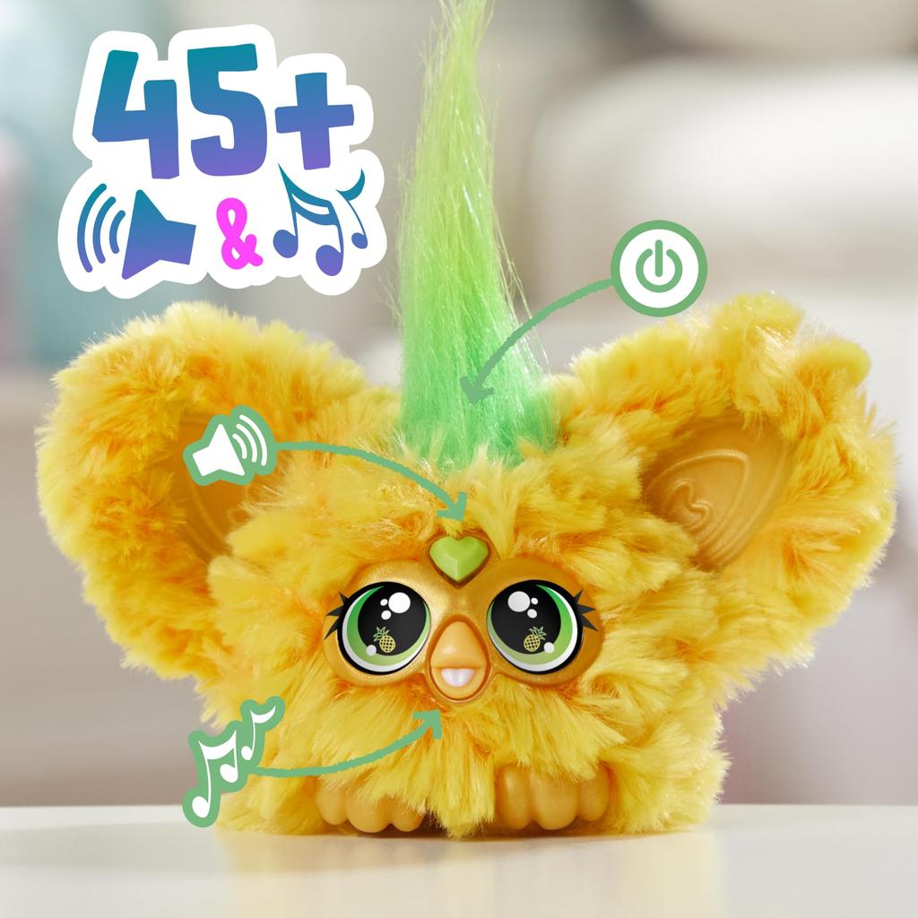 Hasbro Furby Furblets Hoolaa Ananas Mini Furby język elektryczny pluszowy dla wieku 6 i zielony oryginalny produkt Przyjaciel, 45+ dźwięków, tylko, zabawka, w górę,
