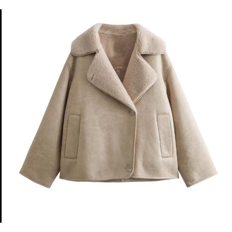 

Жіноча замшева куртка з потовщеним відкидним коміром, куртки зі штучної шкіри, осінь, зима, вільна мода, тепле двостороннє пальто, однотонні ґудзики, плюшевий верхній одяг S бежевий