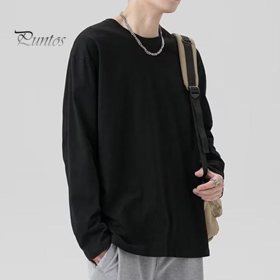 Herren T-Shirt Rundhals Langarm Einfarbig Pullover Tops Lockere Passform Weiches Atmungsaktives T-Shirt Home Gym Street Wear