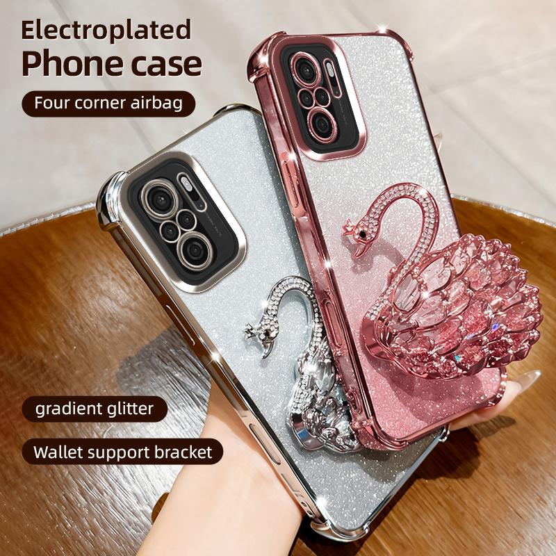 KEYSION Shockproof Plating TPU Phone Case for Redmi Note 10 10S 10 Pro 4G Glitter Jewelled Swan kickstand Back Cover for Xiaomi POCO M5S