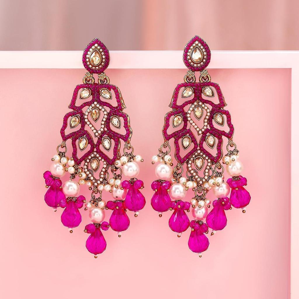Long Chandelier Dangler Earrings Kundan & Pearl Traditional Ethnic Jewellery for Women & Girls