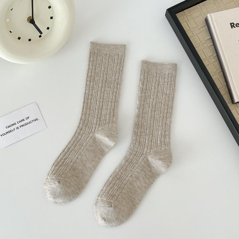 

Женские осенне-зимние шерстяные носки до середины икры с рельефной вязкой, однотонные, в школьном стиле, махровые носки 1 pair