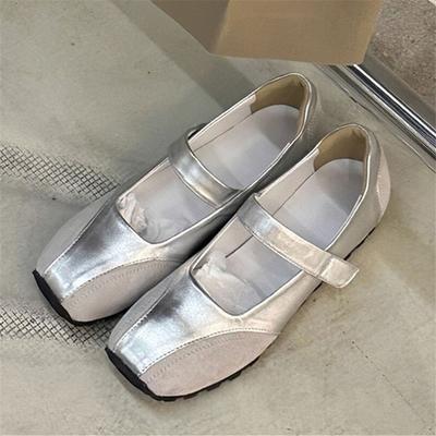 Fashion Silver Women Ballet Flats Square Toe Mary Janes Ladies Lazy Loafers Retro Patchwork Espadrilles Sneakers Single Shoes