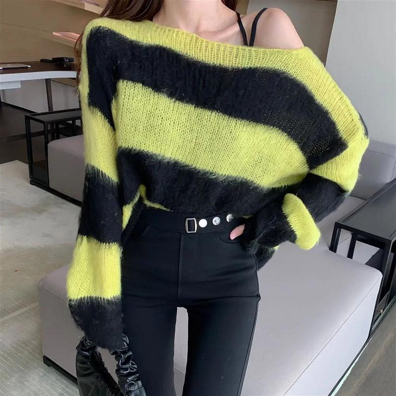 Pullover Off Shoulder Striped Sweater Mode Lockerer und fauler Strickpullover Mantel Damen Langarmshirt Herbst