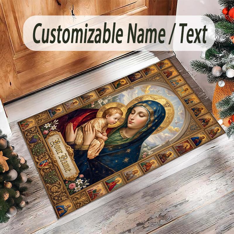 Virgin Mary Theme Crystal Velvet Rug Personalized Custom Name Text Soft Floor Mat Home Decor