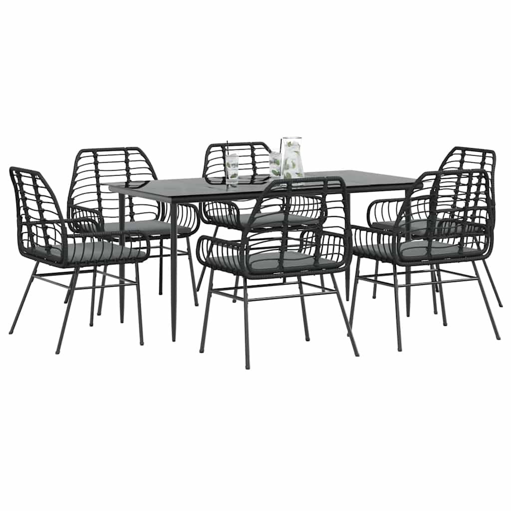 7 Piece Outdoor Dining Set with Cushions Black Poly Rattan Glass Table
