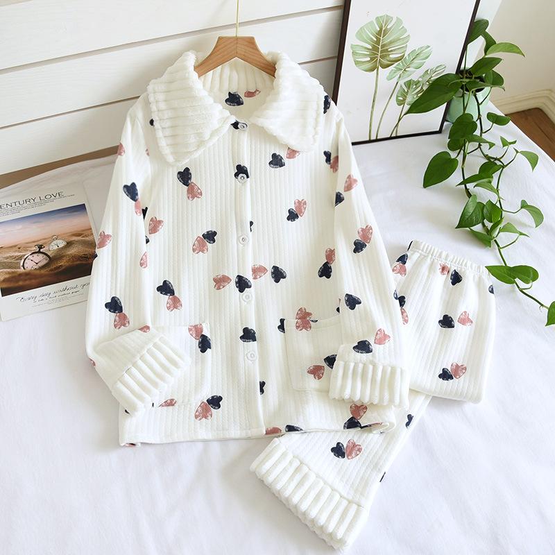 Fresh Sweet Winter Thicken Pajamas Sets Women Keep Warm 100% Scuba Cotton Quilted Long-sleeved Sleepwear