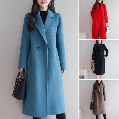 Women Autumn Winter Solid Color Woolen Coat Lapel Long Sleeve Two Buttons Pockets Mid-length Woolen Cardigan Outwear