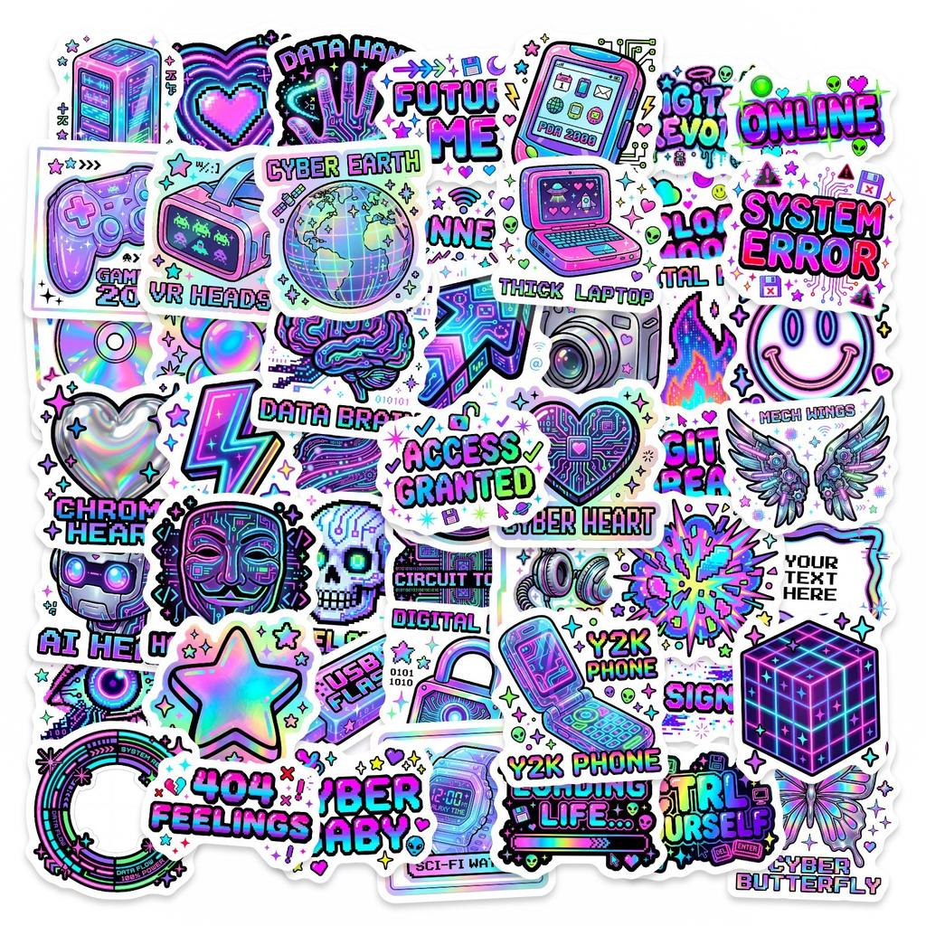 50 Cyberpunk Sticker Set Neon Technology Elements Waterproof Luggage Handbook Decorative Stickers