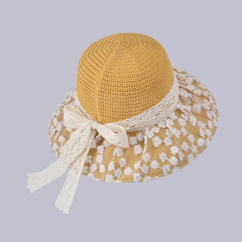 Summer lace streamer bow bucket hat small daisy big brim sun hat outdoor versatile beach sun hat
