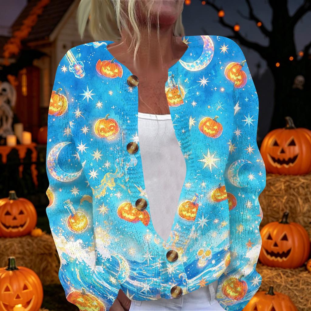 Womens Halloween Print Long Sleeve Knit Cardigan Button Up Sweater Coat Lightweight Casual Outerwear for Fall and Winter
