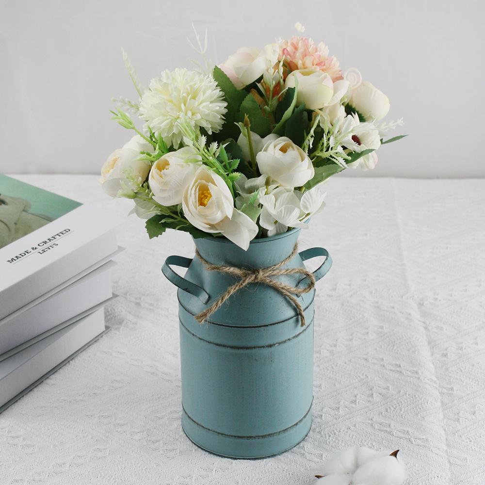 3pcs Set Two Simulated Bouquets and Iron Art European Vintage Blue Vase for Home Office Decoration, Dining Table Centerpiece