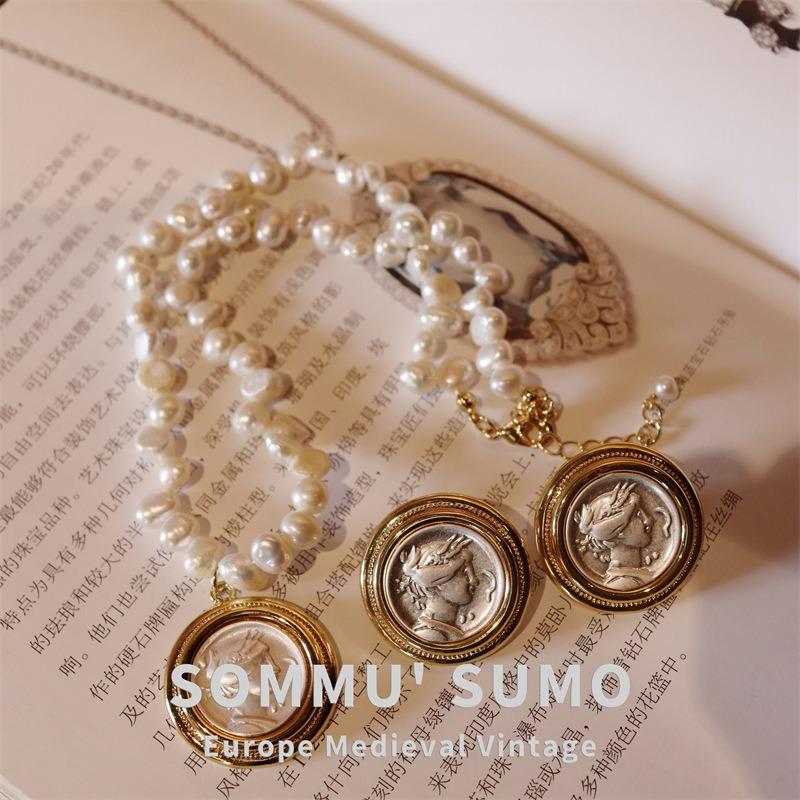 18K Electroplated Real Gold Diamond Hercules Ancient Coin Necklace, Portrait Antique Pendant Inlaid with Baroque Pearl Earrings