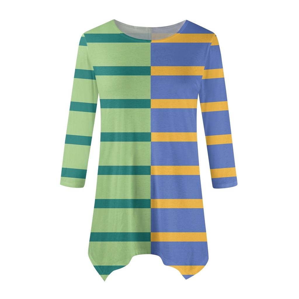Women's Fashion Casual Round Neck Striped Printed Seven-point Sleeve Shirt Belted Loose Comfortable Top
