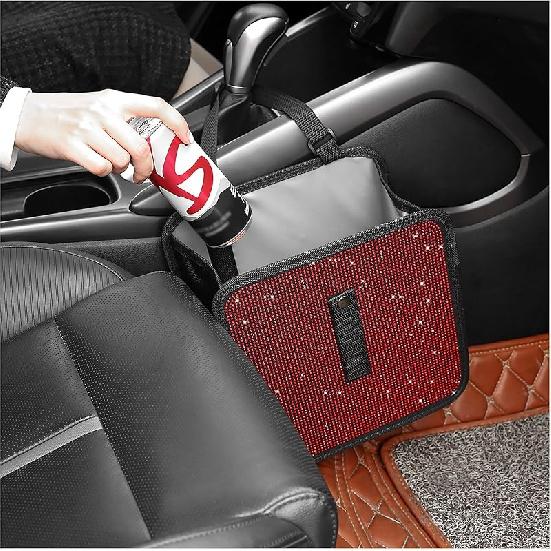 Foldable Trash Cans With Rhinestone, Bling Car Bin For Seat Organizer & Decorations, Universal Bling Accessories For Most SUVs, Trucks (Red)