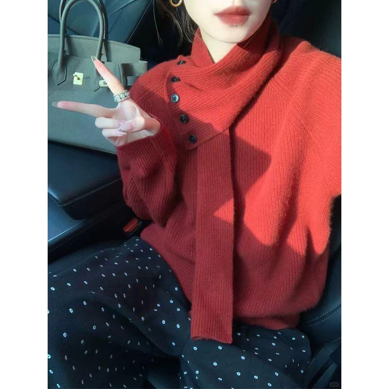 2024 Women's Korean Style Long Sleeve Scarf Collar Knit Sweater