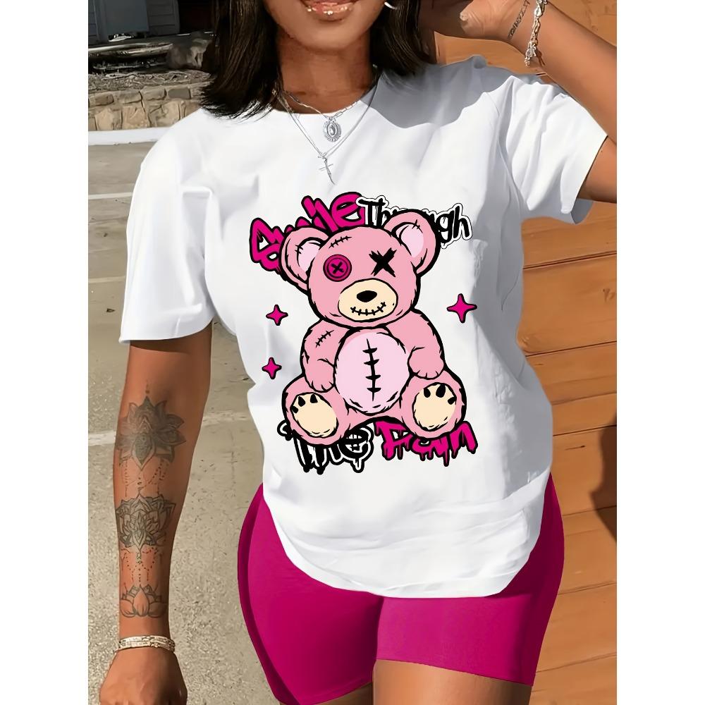 

Bear Print Crew Neck T-Shirt Casual Short Sleeve T-Shirt for Spring & Summer Women s Clothing Aesthetic Clothes XXXL