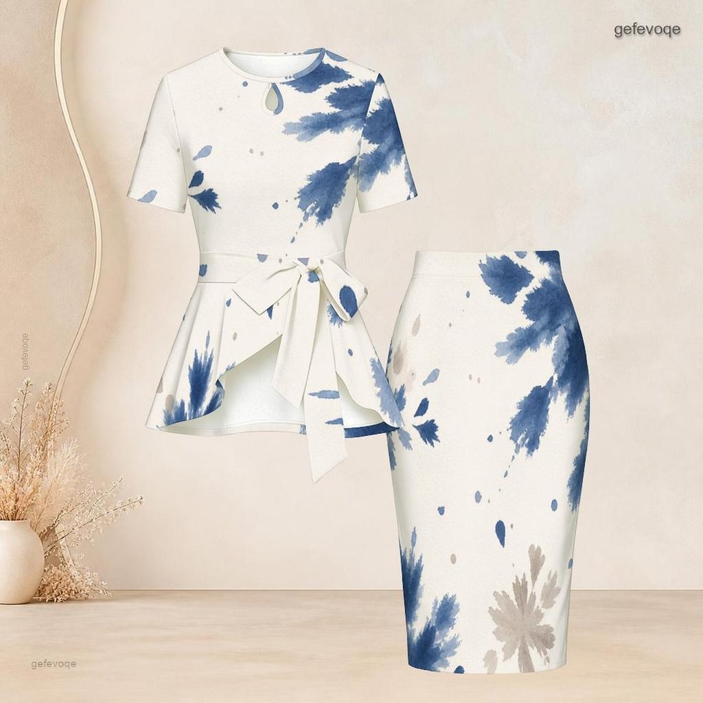 Women Plus Size Round Neck Short Sleeve Printed Tie Waist Top Fitted Skirt Two Piece Set