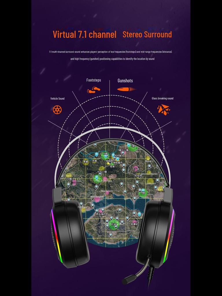 RGB-Gaming-Headset mit 7.1-Surround-Sound und Bass – kabelgebundenes USB für PC