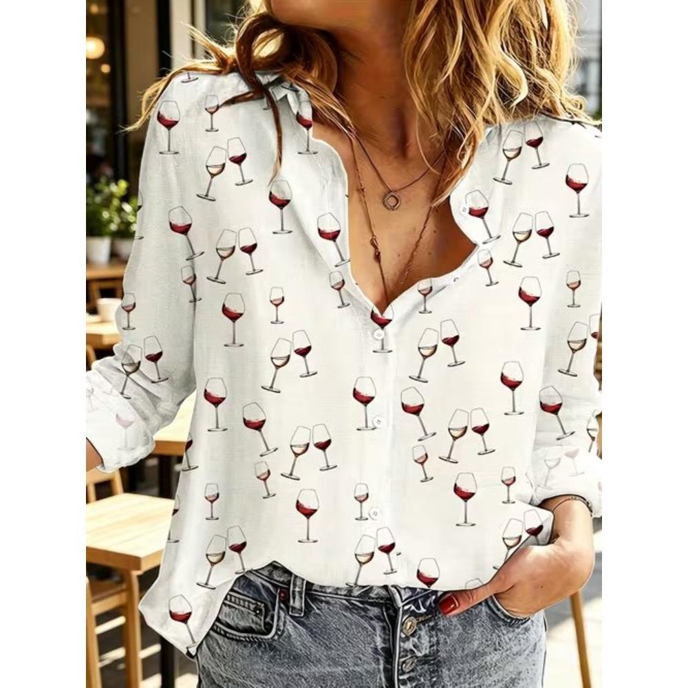 Geometric Print Women Blouse Spring Autumn Femme Office Lady Button Up Turn Down Collar Shirts