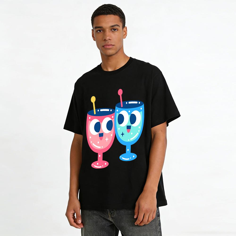 Cute Cartoon Anthropomorphic Drinks Print Casual Top Unisex Age-reducing Loose T-shirt Pure cotton T-shirt