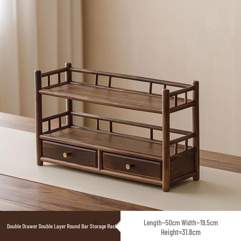 Guanlan Walnut Wood Tea Table with Double Drawer and Display Shelves for Tea Pot and Cup Storage