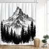 Black White Mountain Shower Curtain Pine Forest Snowy Peak, Minimalist Ink Art Bath Curtain For Modern Bathroom And Home Decor
