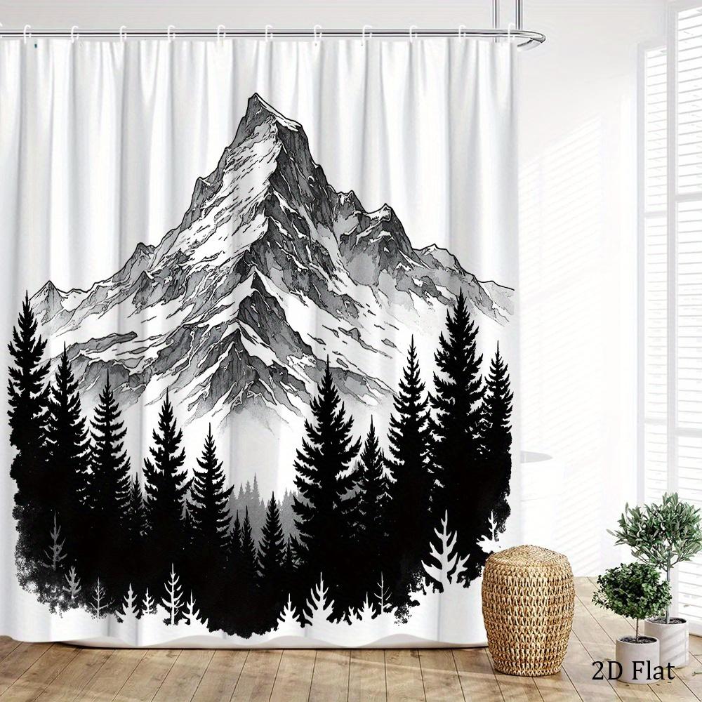 Black White Mountain Shower Curtain Pine Forest Snowy Peak, Minimalist Ink Art Bath Curtain For Modern Bathroom And Home Decor