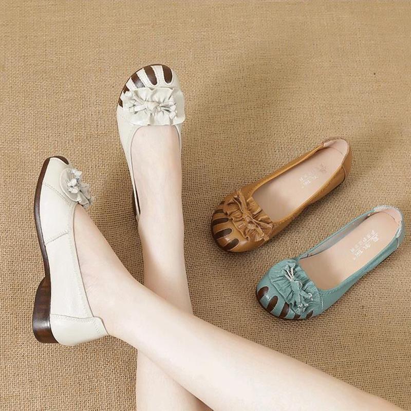 Äkta Läder Mjuka Botten Skor Medelålders Damskor Vår och Höst Halkfri Botten Rund Tå Platt Botten Låg Utskärning Damskor