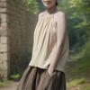 Johnature Women Vintage Solid Color Summer Beige Yellow Soft Female Tops