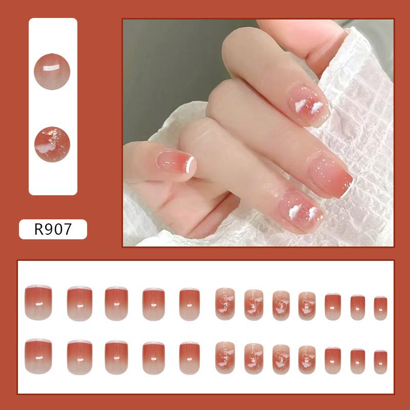 

Fingertip White Edge French Transparent Pink Blush Cloud Fine Flash Girl White Versatile Removable Manicure 24 Pieces