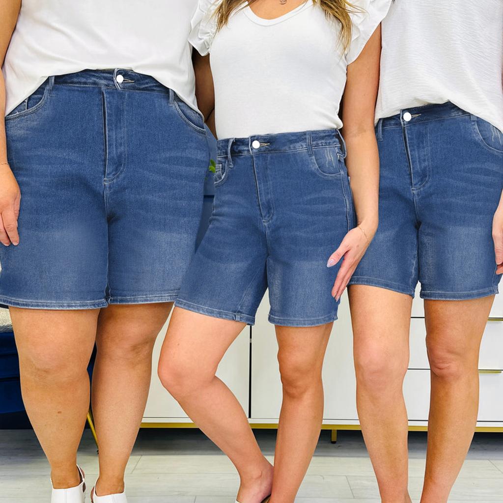 High Waist Elastic Waist Mid Length Shorts-Casual High Waisted Denim Shorts,Stretch Jean Shorts With Adorable Double Pockets