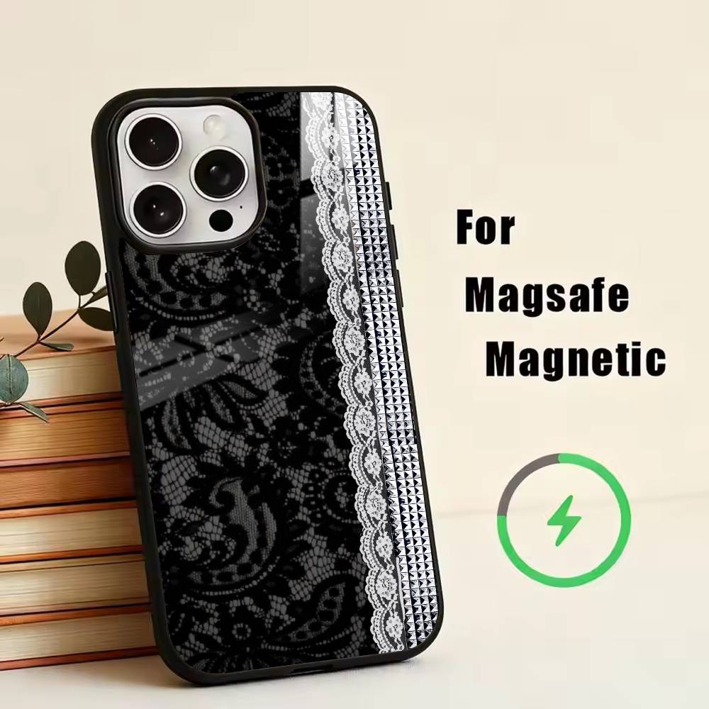 Elegant black lace print design Phone Case For iPhone17,16,15,14,13,12,11 Plus,Pro Magnetic For Magsafe Wireless Charging