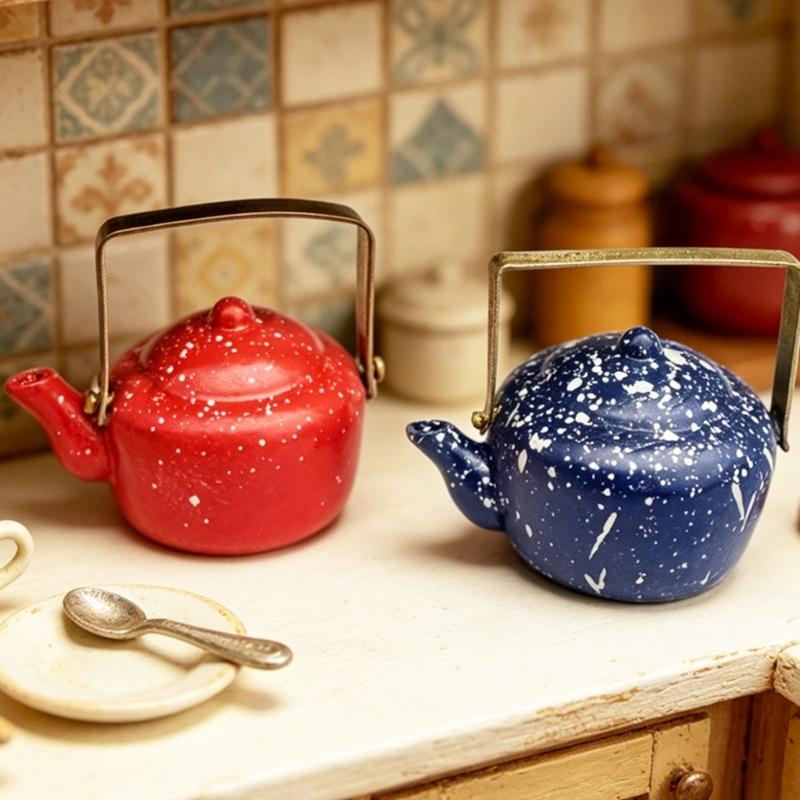 Pretend Play Kitchen Kettle Toy Miniature Enameled Model For Dollhouses Scene Easy Carry Handle Design